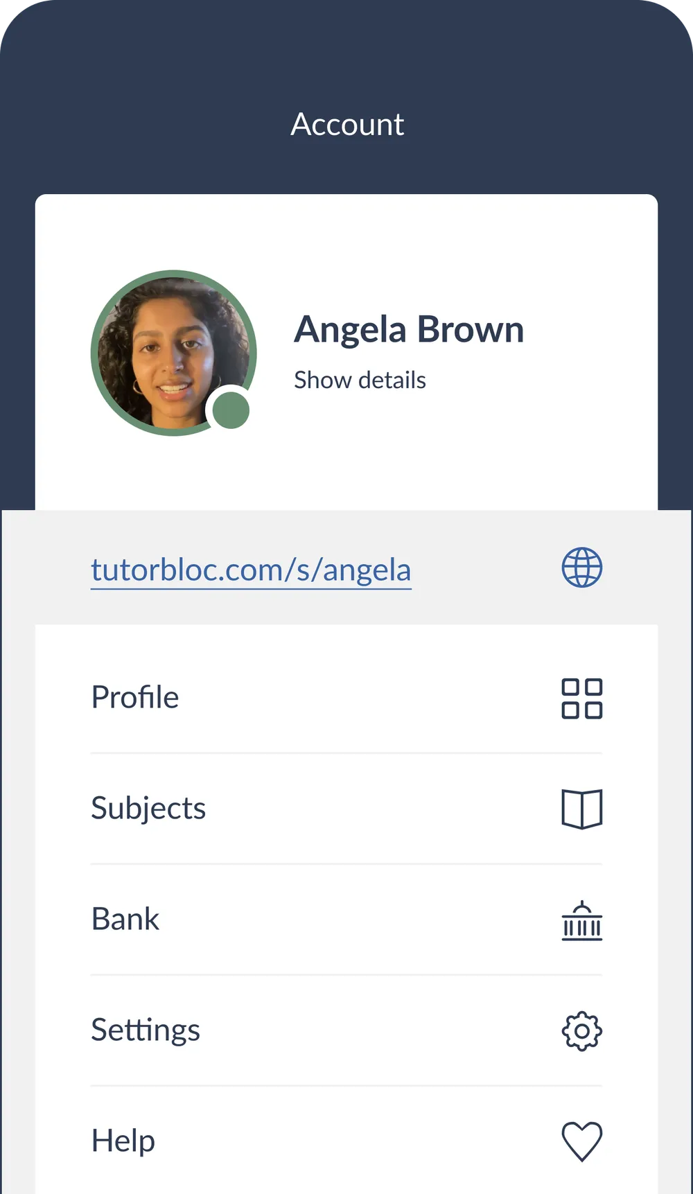 Tutorbloc App Account Mobile account dashboard showing Angela Brown's profile and navigation menu