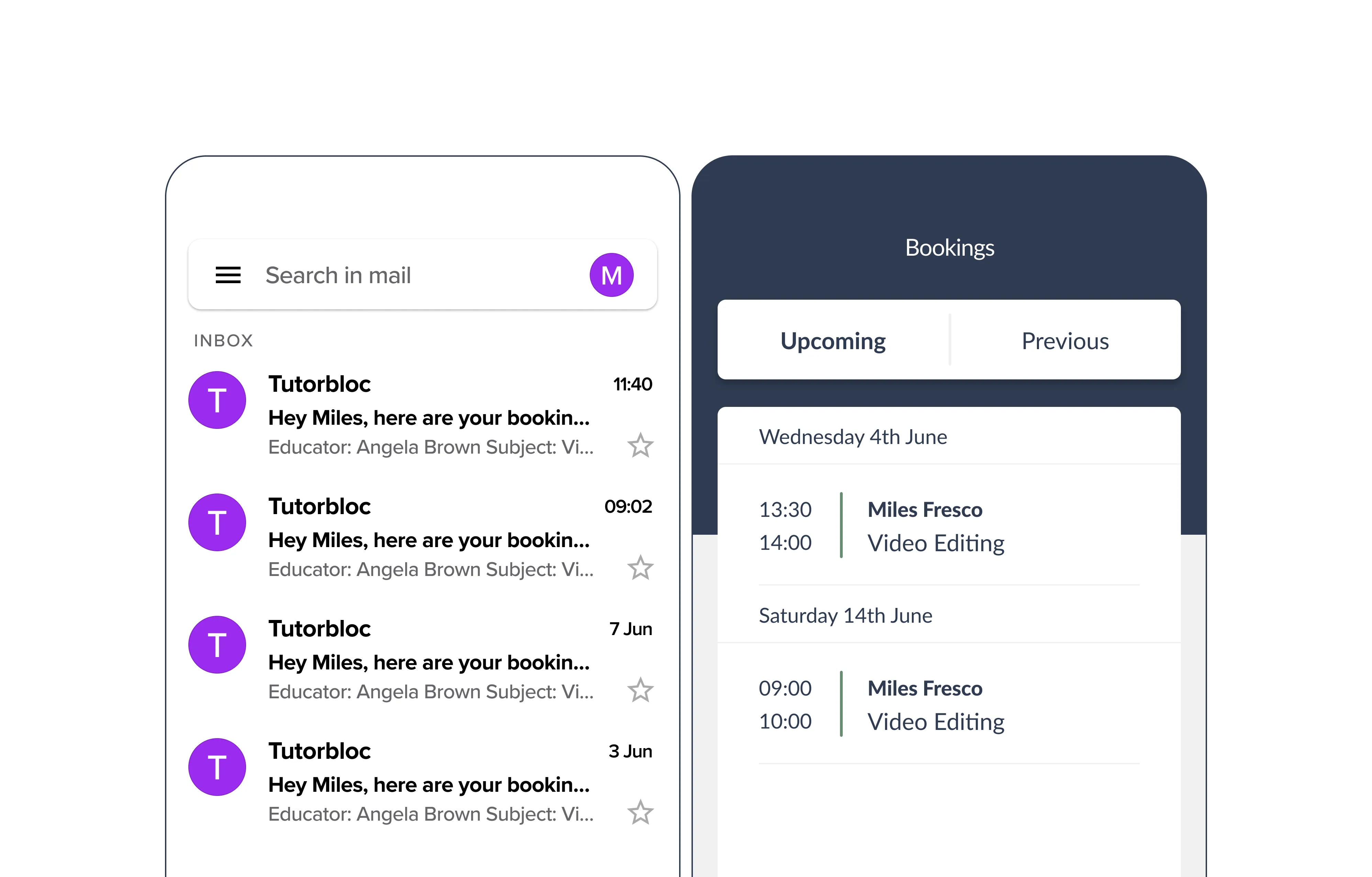 Email inbox with Tutorbloc notifications and upcoming lesson bookings