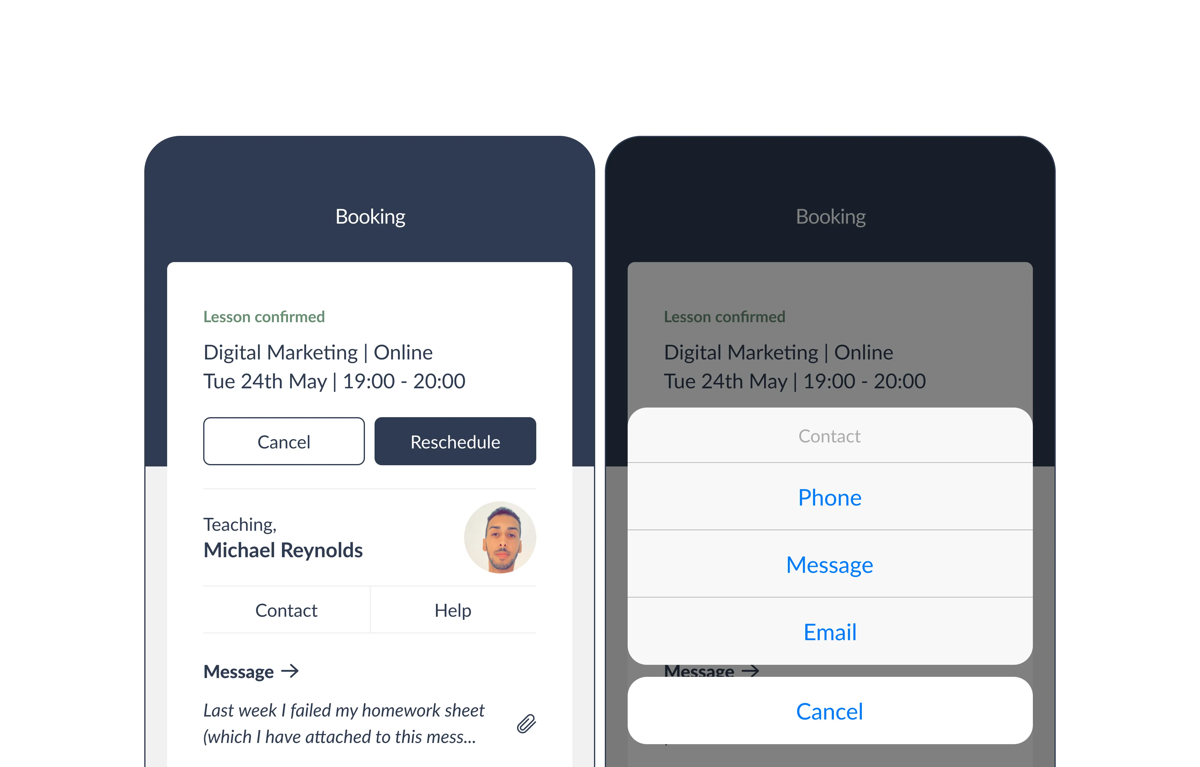 Tutoring app lesson booking interface with contact options modal