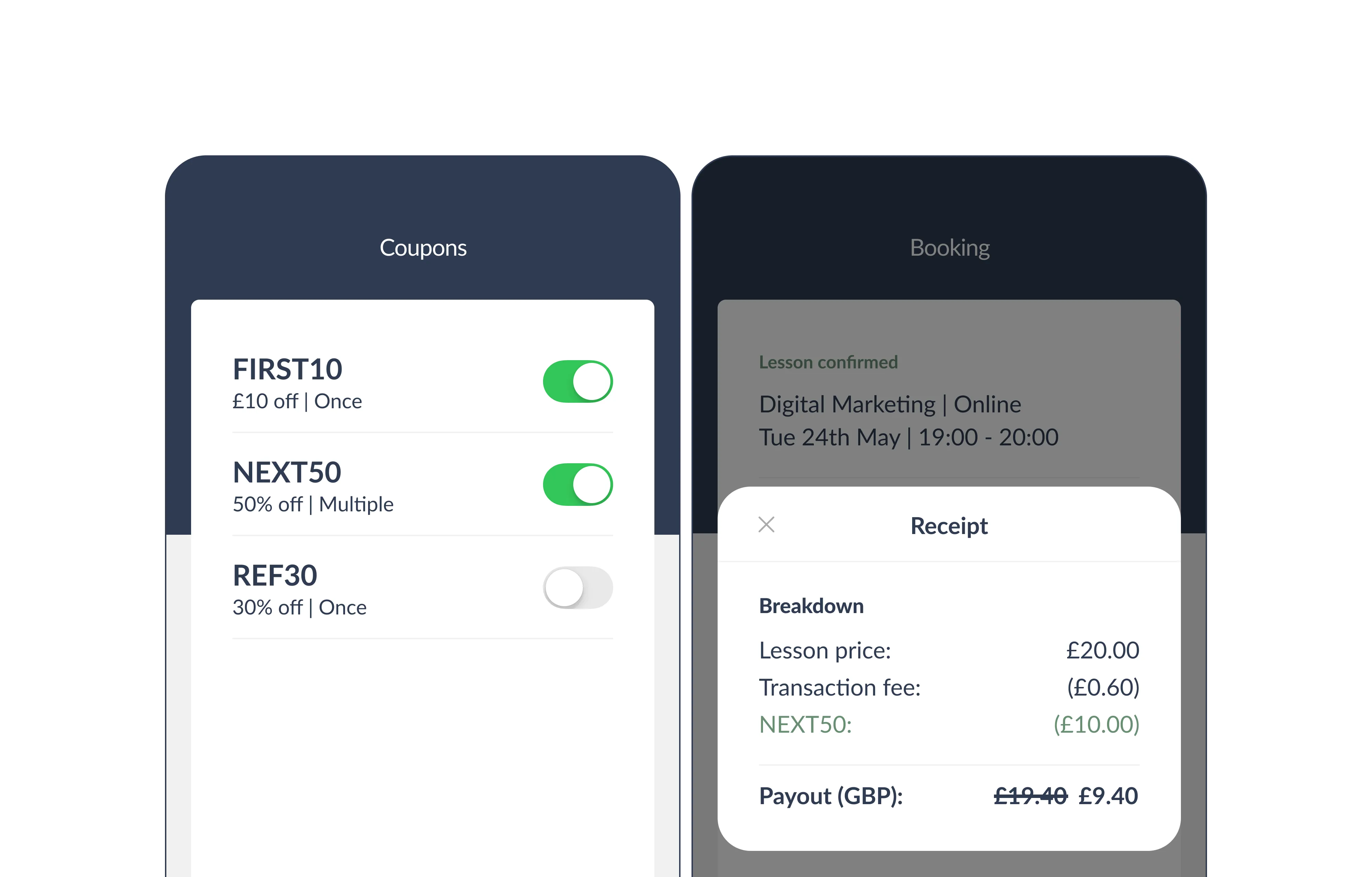 Tutoring app coupon selection and lesson booking receipt interface