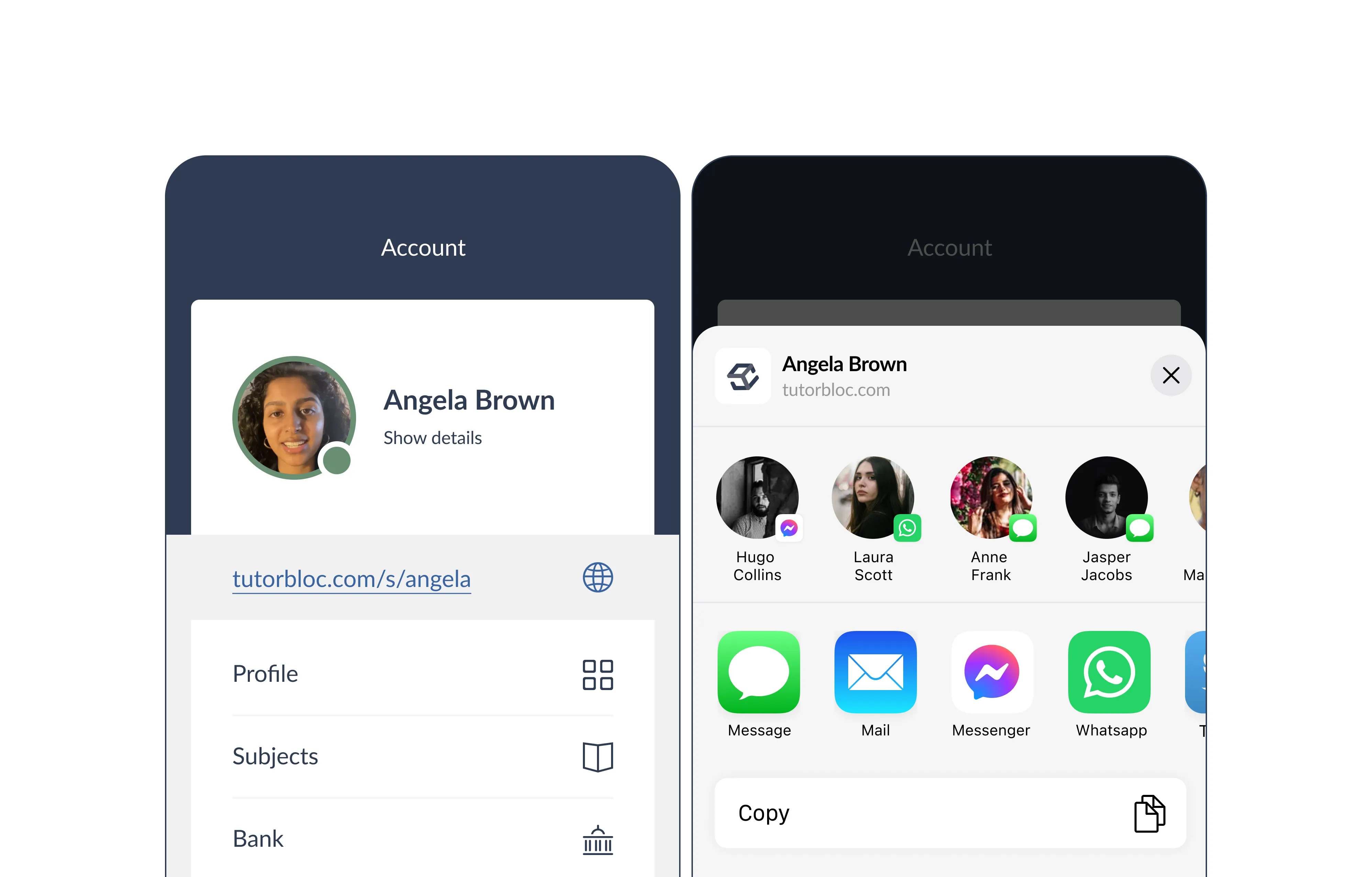 Mobile sharing menu showing contact options and social media apps