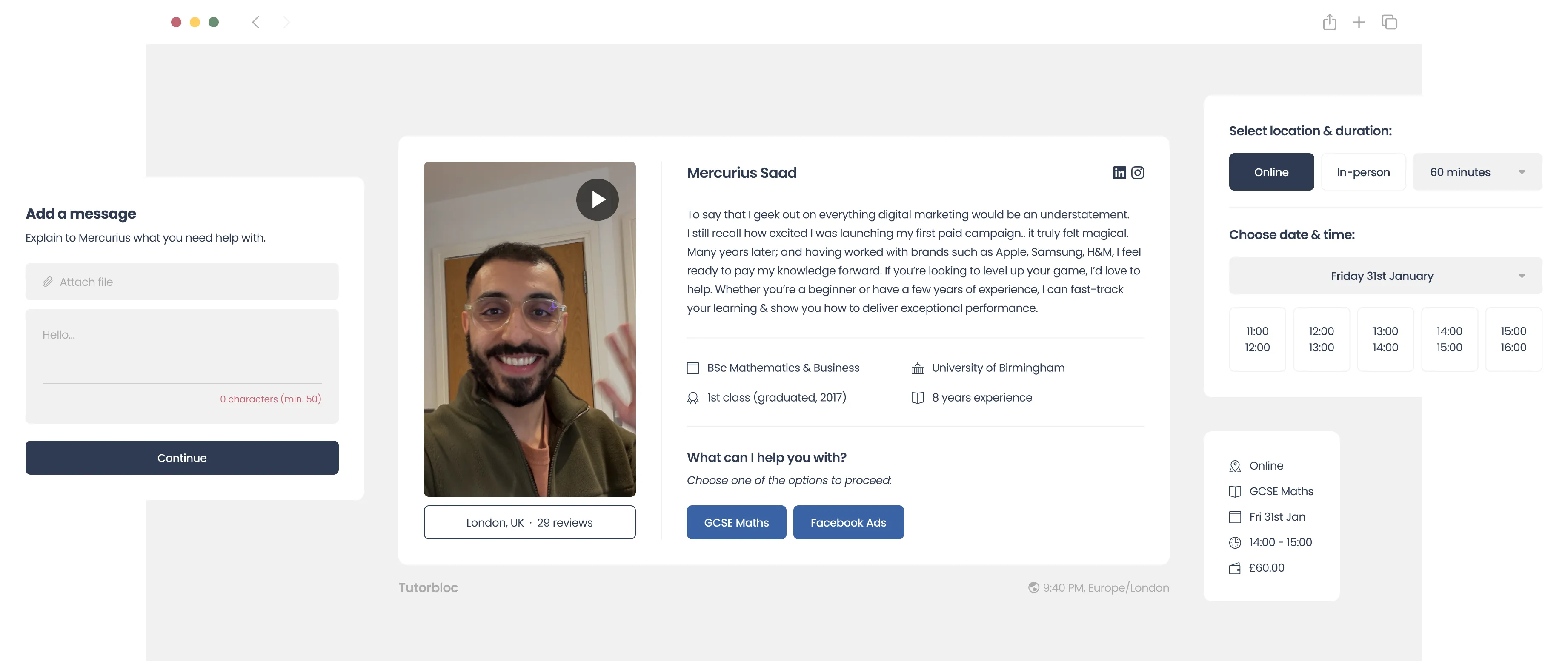 Tutorbloc Storefront Desktop Tutoring platform profile page with instructor video and booking options