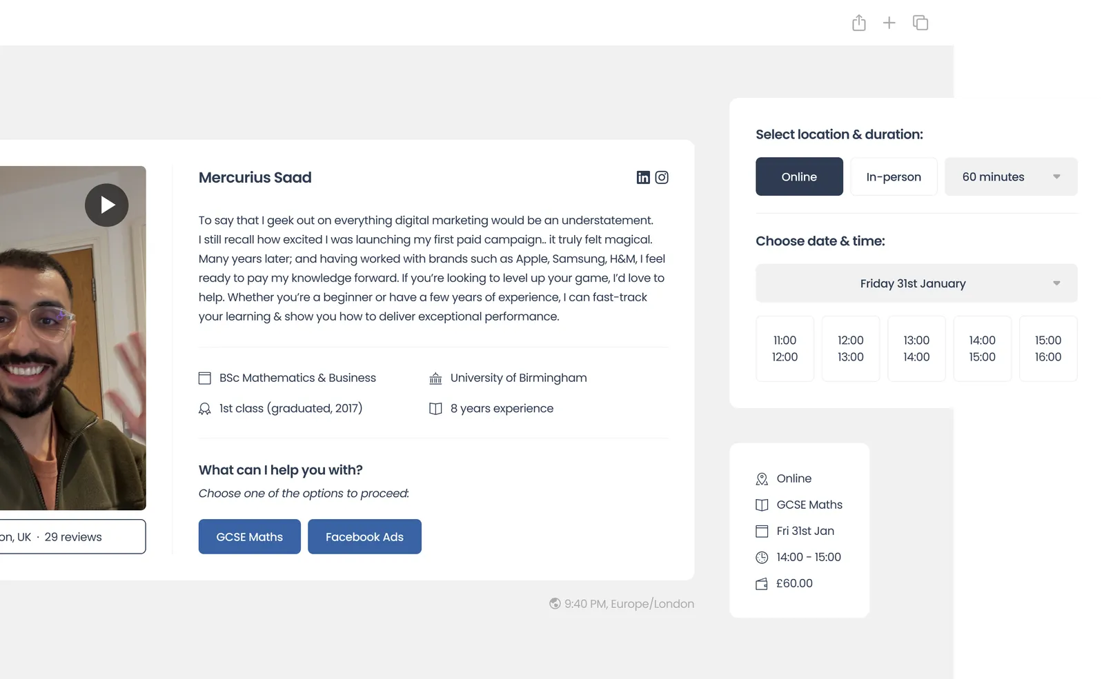 Tutorbloc Storefront Mobile Tutoring platform profile page with instructor video and booking options
