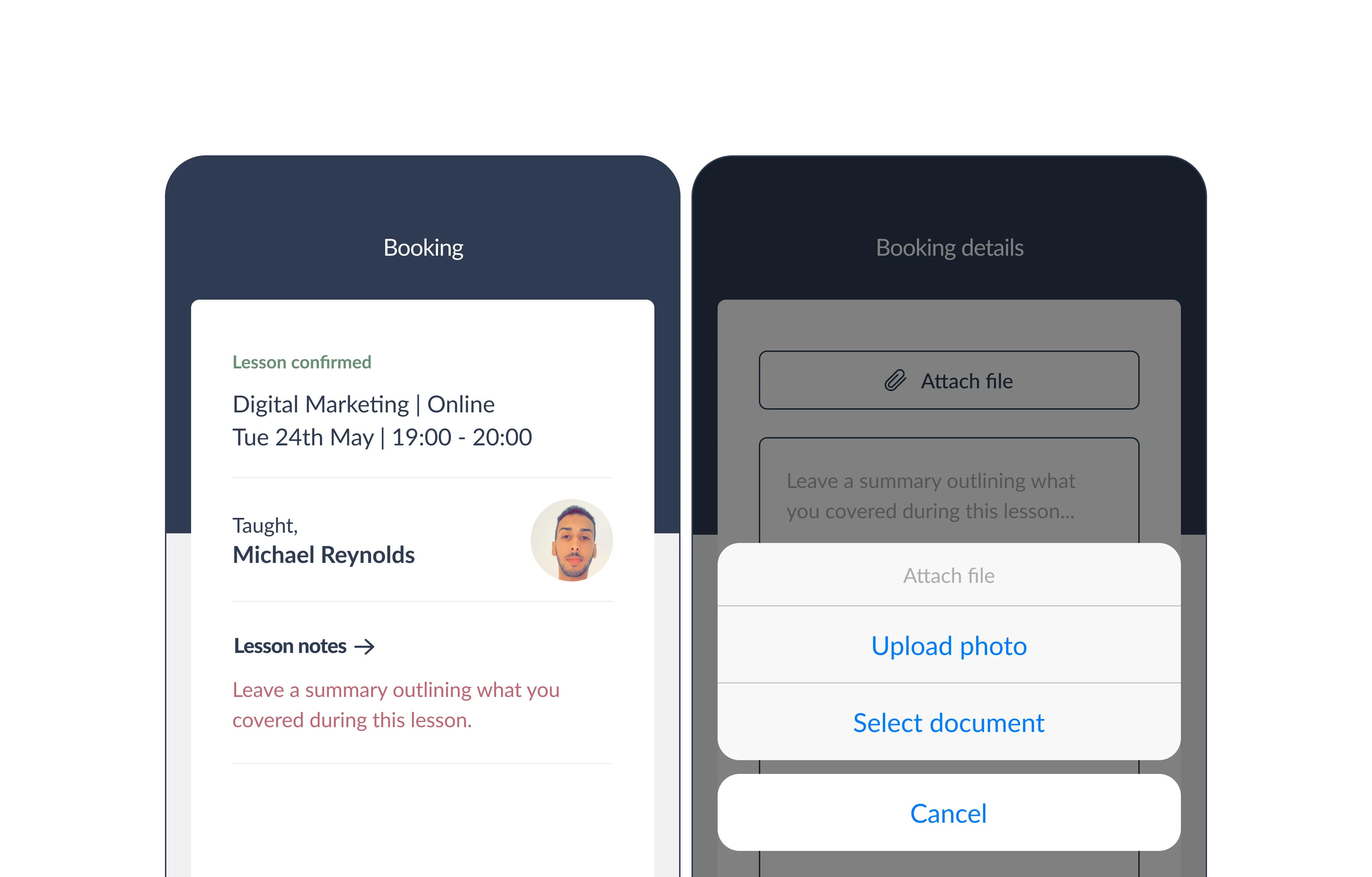 Tutoring app showing confirmed Digital Marketing lesson with file upload options